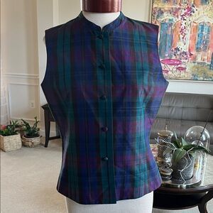 Vintage Talbots Sleeveless Plaid Blouse Vest Pure Silk Size 8 EUC